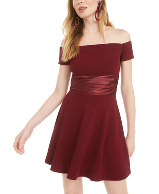 B Darlin Women's Short Sleeve Off Shoulder Short Fit Flare Cocktail Dress Wine Size 0