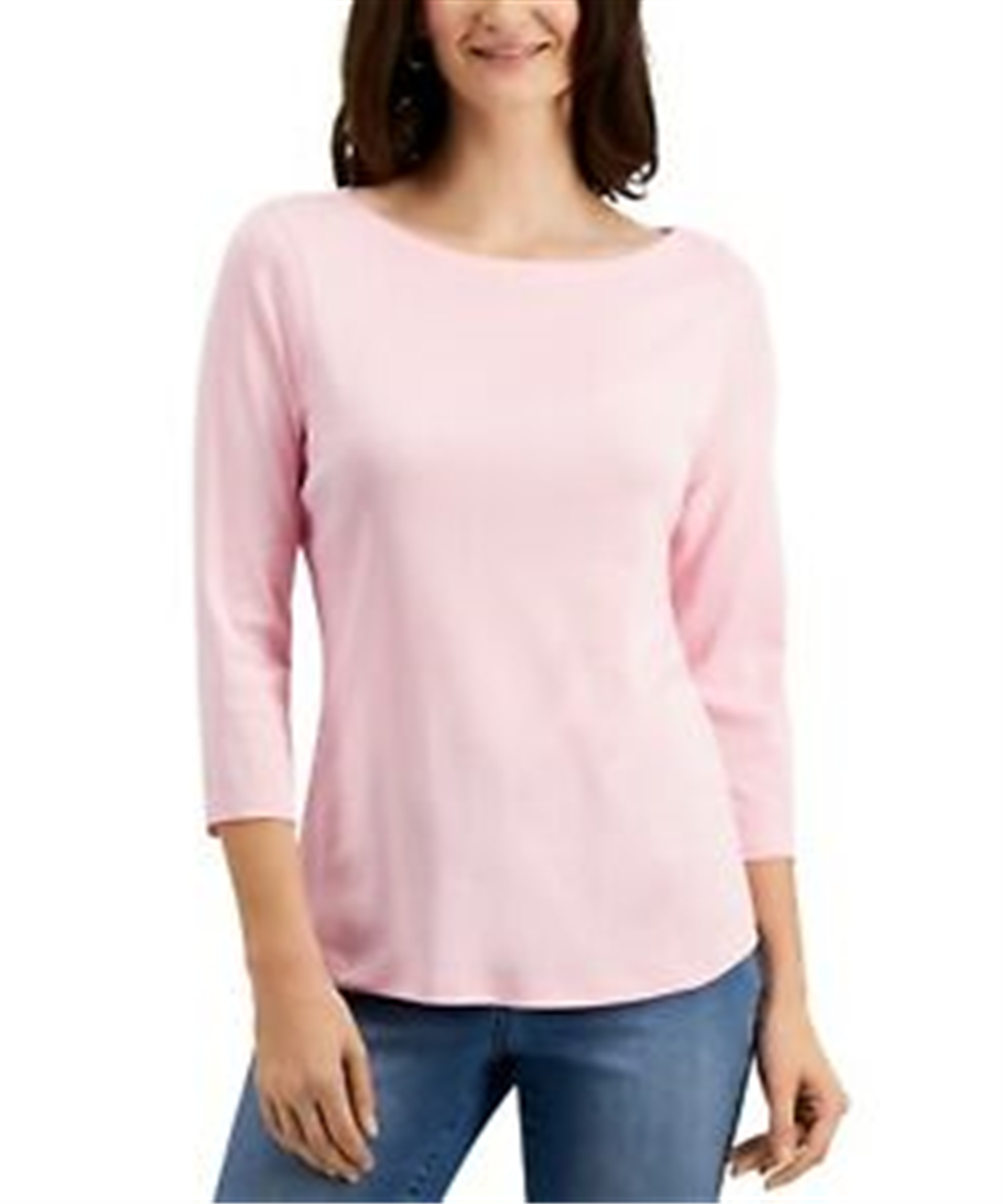 Charter Club Women's Pima Cotton Button Shoulder Top Pink Size Petite Medium