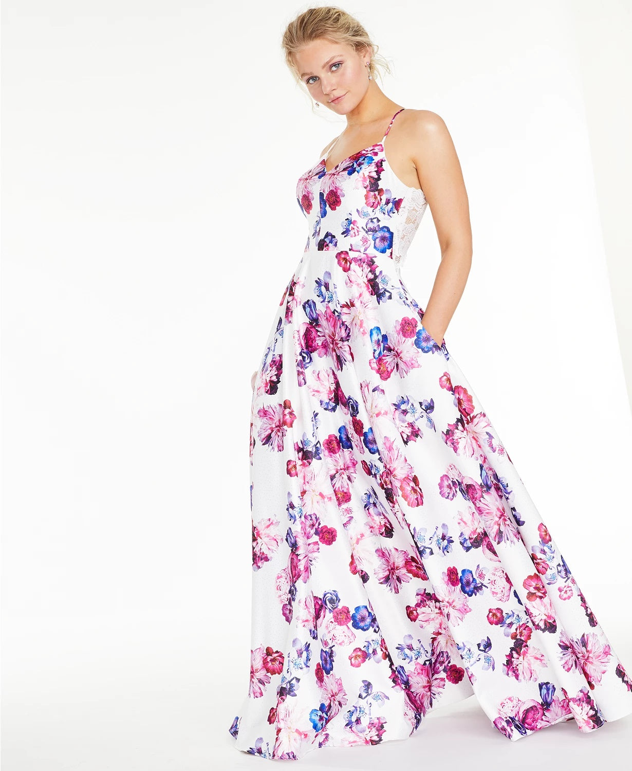 City Studios Juniors' Floral-Print Lace-Back Gown White Size 5