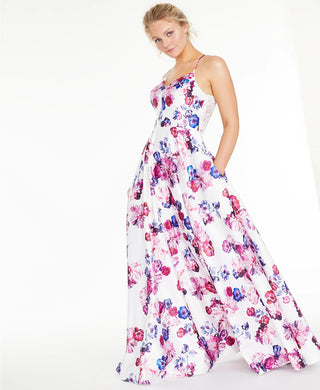 City Studios Juniors' Floral-Print Lace-Back Gown White Size 5