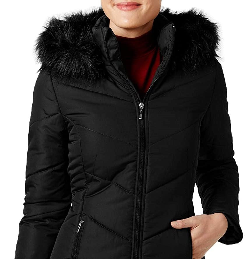 Maralyn & Me Juniors' Hooded Faux-Faux-Trim Puffer Coat Dark Blue Size Small