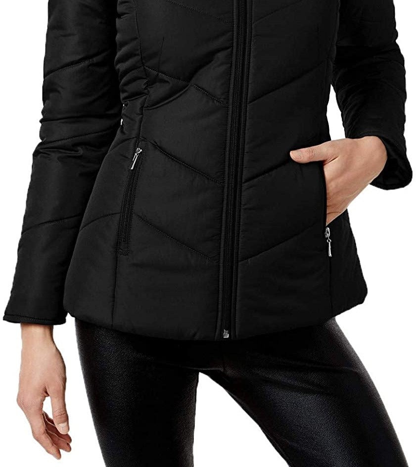 Maralyn & Me Juniors' Hooded Faux-Faux-Trim Puffer Coat Dark Blue Size Small