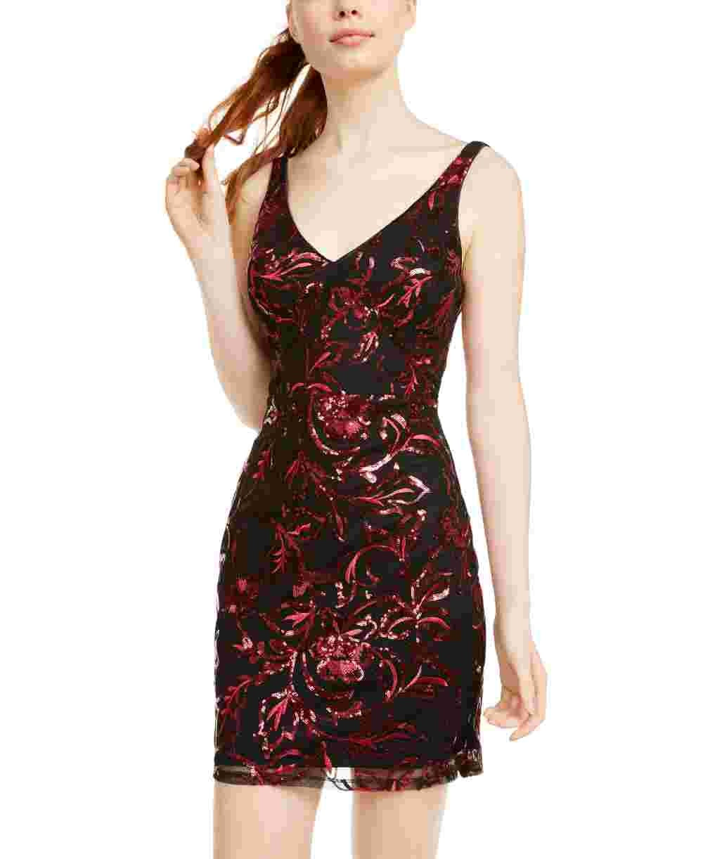 Sequin Hearts Women's Sequined Printed Sleeveless V Neck Short Body Con Cocktail Dress Black Red Size 7