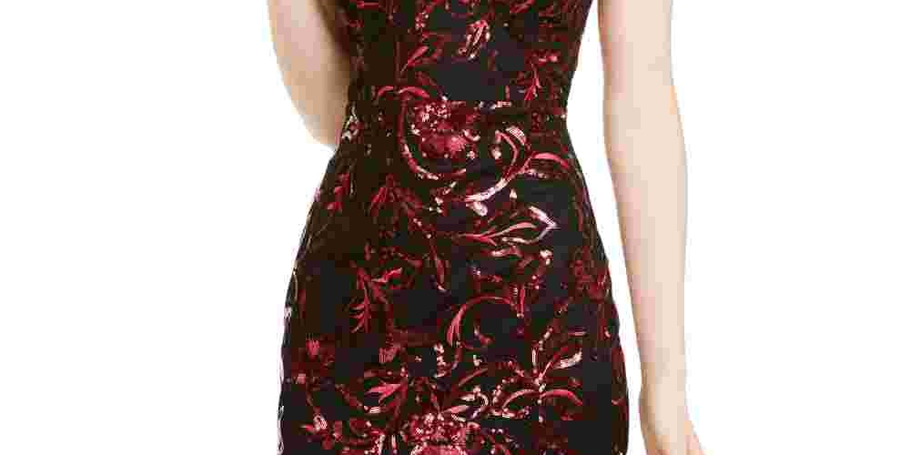 Sequin Hearts Women's Sequined Printed Sleeveless V Neck Short Body Con Cocktail Dress Black Red Size 7