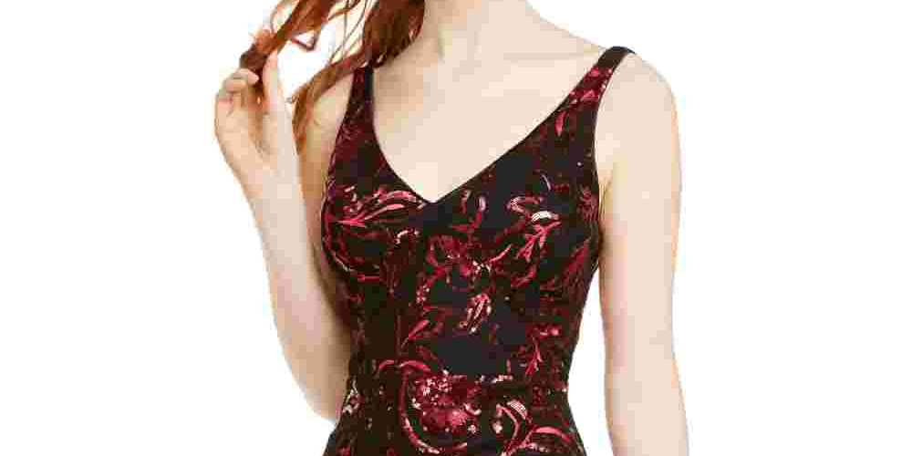 Sequin Hearts Women's Sequined Printed Sleeveless V Neck Short Body Con Cocktail Dress Wine Size 11
