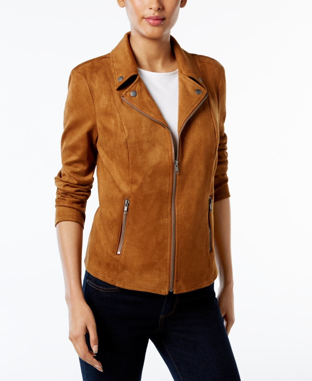 Style & Co Women's Faux Suede Moto Jacket Brown Size Petite Medium