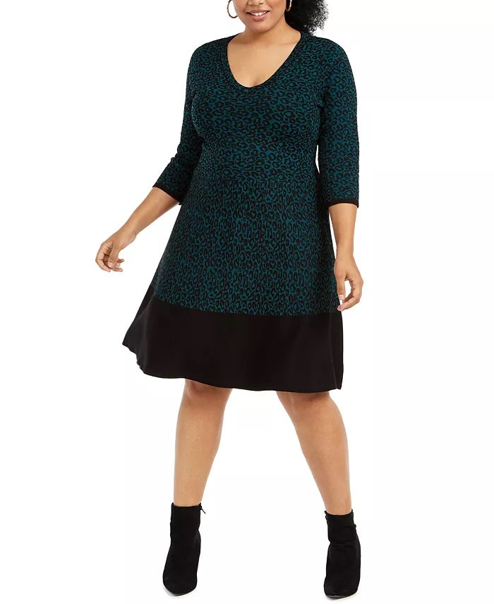 Taylor Women's Plus Size Animal-Print Sweater Dress Green Size Extra Large