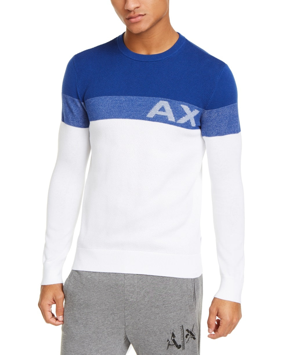 Armani Exchange Men's Regular Fit Colorblocked Stripe Logo Sweater White Coloblocked Size X-Large