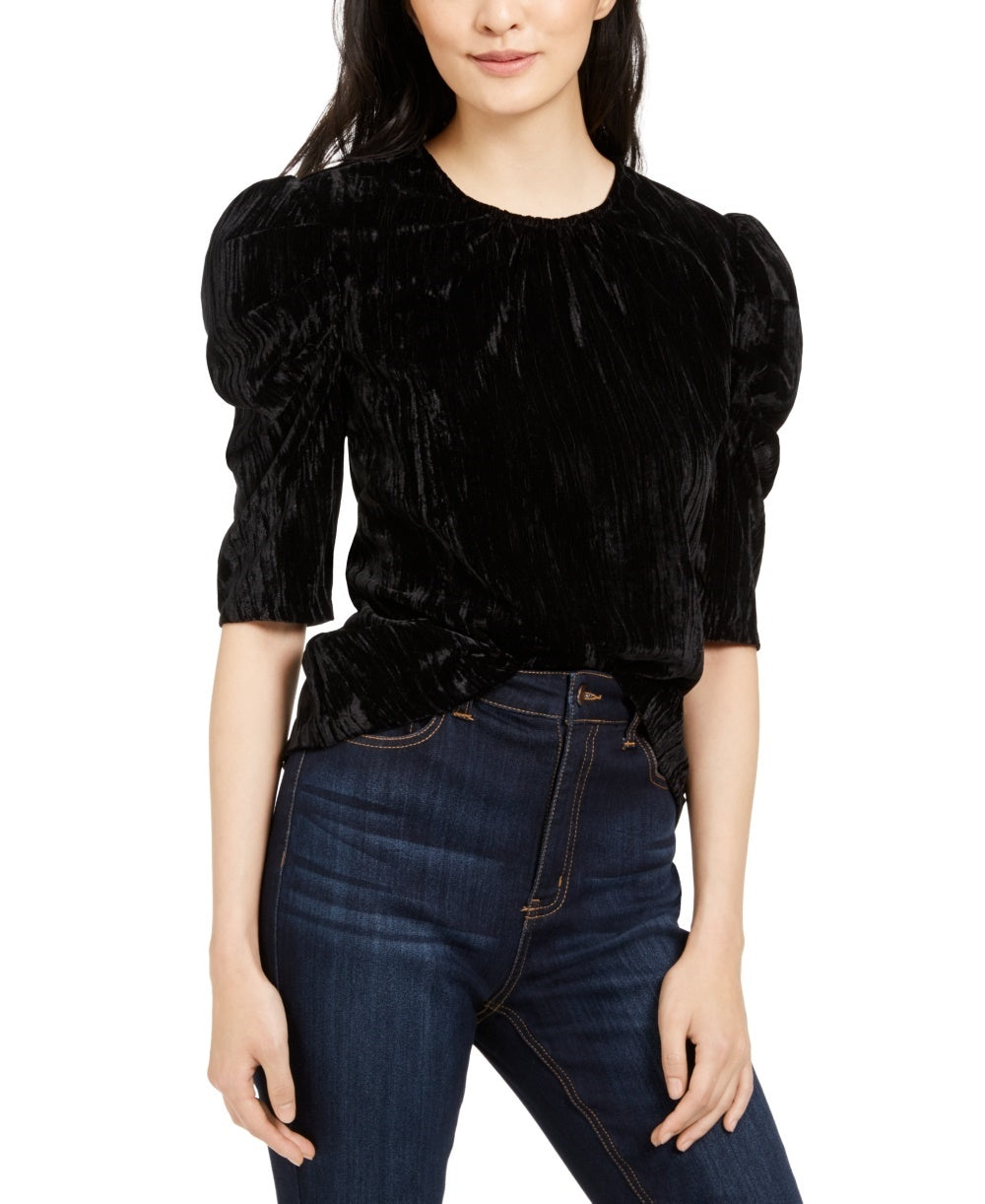 Leyden Women's Crushed Velvet Puff-Sleeve Top Black Size Medium
