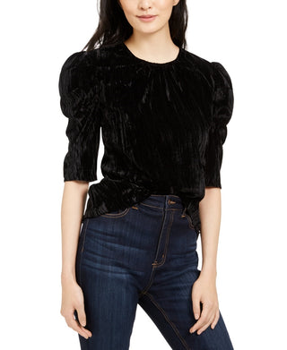 Leyden Women's Crushed Velvet Puff-Sleeve Top Black Size Medium