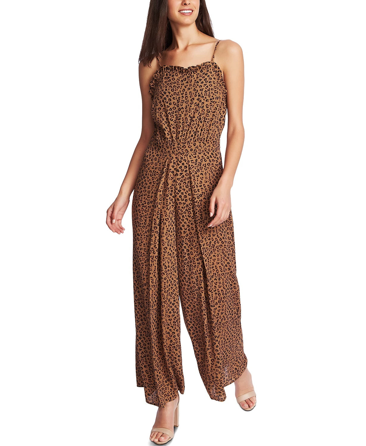 CeCe Women's Ruffled Leopard Print Jumpsuit Beige Size 4