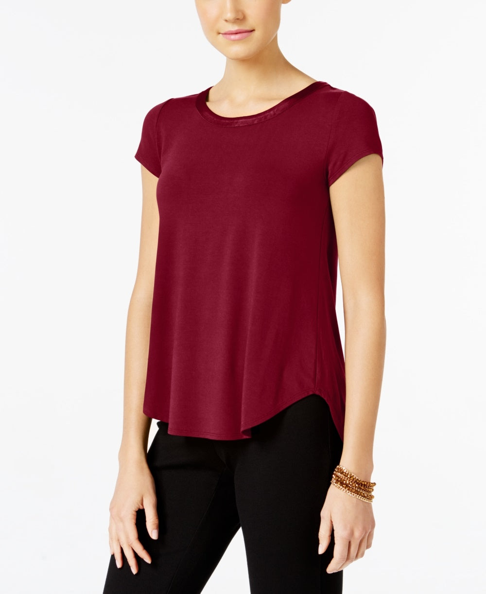 Alfani Women's Satin Trim High Low T-Shirt Red Size Petite Large