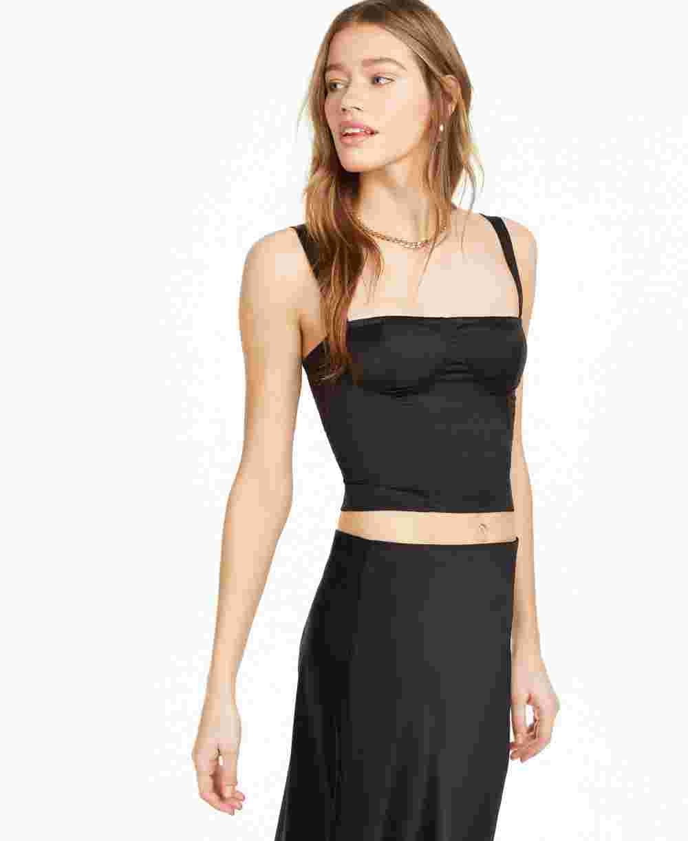 Danielle Bernstein Women's Satin Sleeveless Square Neck Crop Top Black Size 10