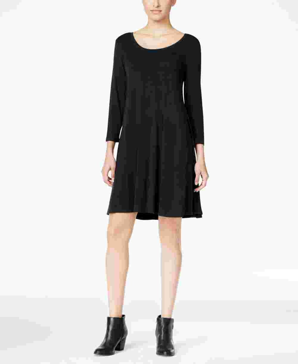 Style & Co Women's Long Sleeve Scoop Neck Above The Knee Shift Dress Black Size Petite Small