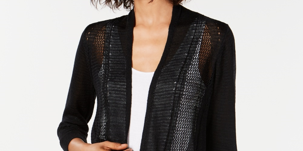 Alfani Women's Mixed Stitch Open Front Cardigan  Black Size Petite Large