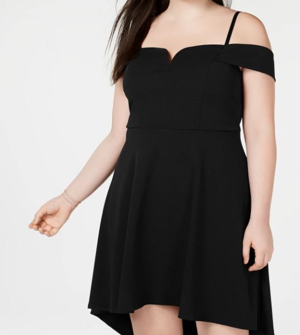 City Studios Women's Spaghetti Strap Off Shoulder Above The Knee Fit Flare Party Dress Black Size 24W