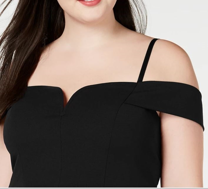 City Studios Women's Spaghetti Strap Off Shoulder Above The Knee Fit Flare Party Dress Black Size 24W