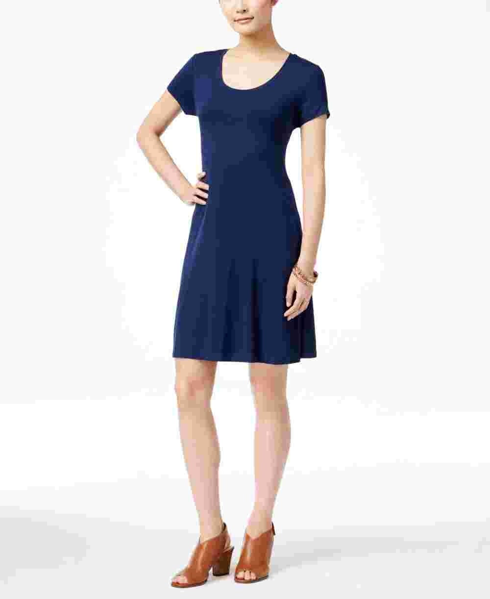 Style & Co Women's Petite Short-Sleeve A-Line Dress Blue Petite Large