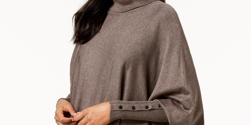 Alfani Women's Petite Turtleneck Poncho Sweater  Dark Beige Size Petite