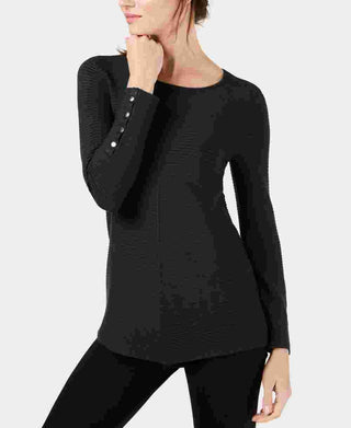 Alfani Women's Ribbed Snap Detail Sweater Black Size X-Small