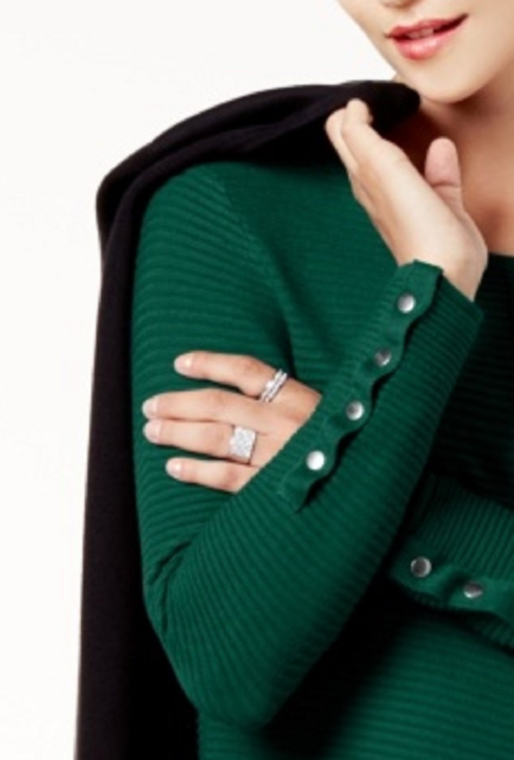 Alfani Women's Ribbed Snap-Detail Sweater Dark Green Size Small