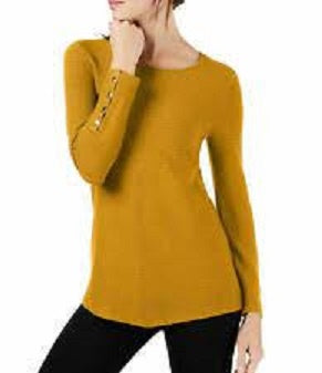 Alfani Women's Ribbed Snap Detail Sweater Yellow Size Large
