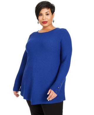 Alfani Women's Ribbed Snap Detail Sweater Blue Size -0X