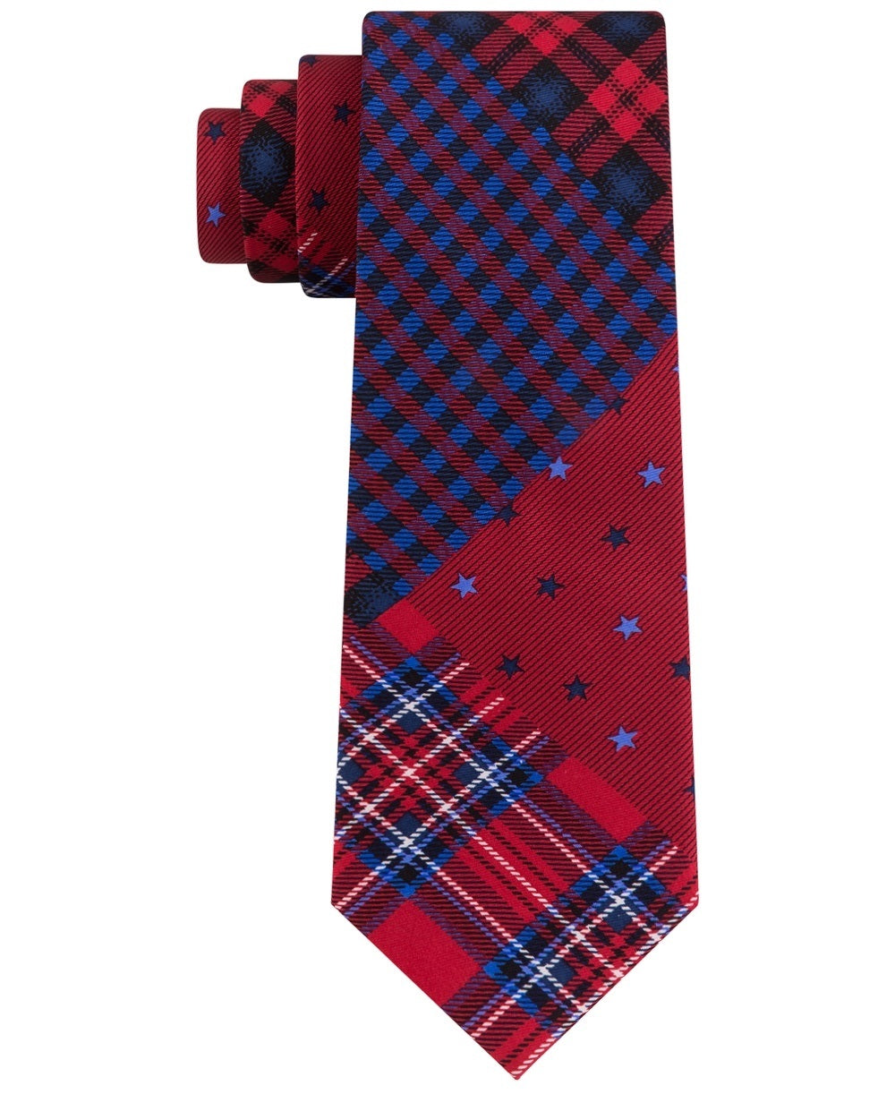 Tommy Hilfiger Men's Large Multi Star Plaid Tie Red Size Regular