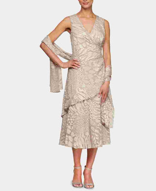 Alex Evenings Women's Printed Tiered Hem Dress & Shawl Brown Size 14