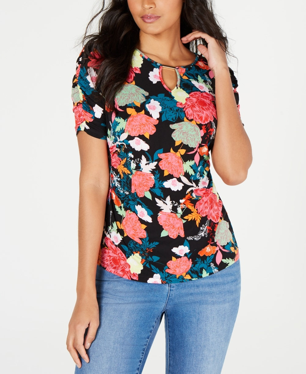 Thalia Sodi Women's Printed Elbow Sleeve Keyhole Top White Size Small