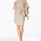 R & M Richards Women's Petite Sequined Cape Sheath Dress Taupe Size 6 P