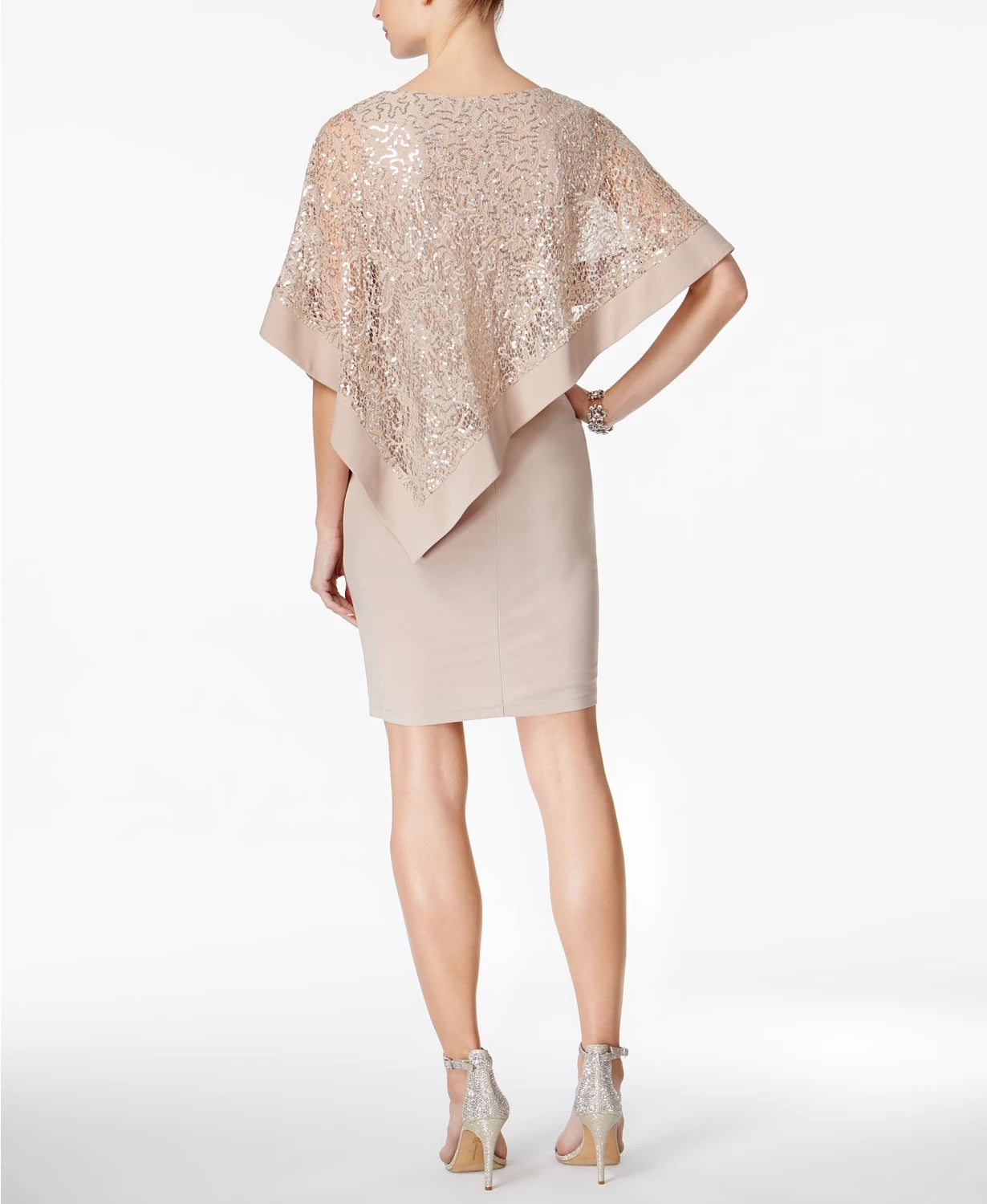 R & M Richards Women's Petite Sequined Cape Sheath Dress Taupe Size 6 P