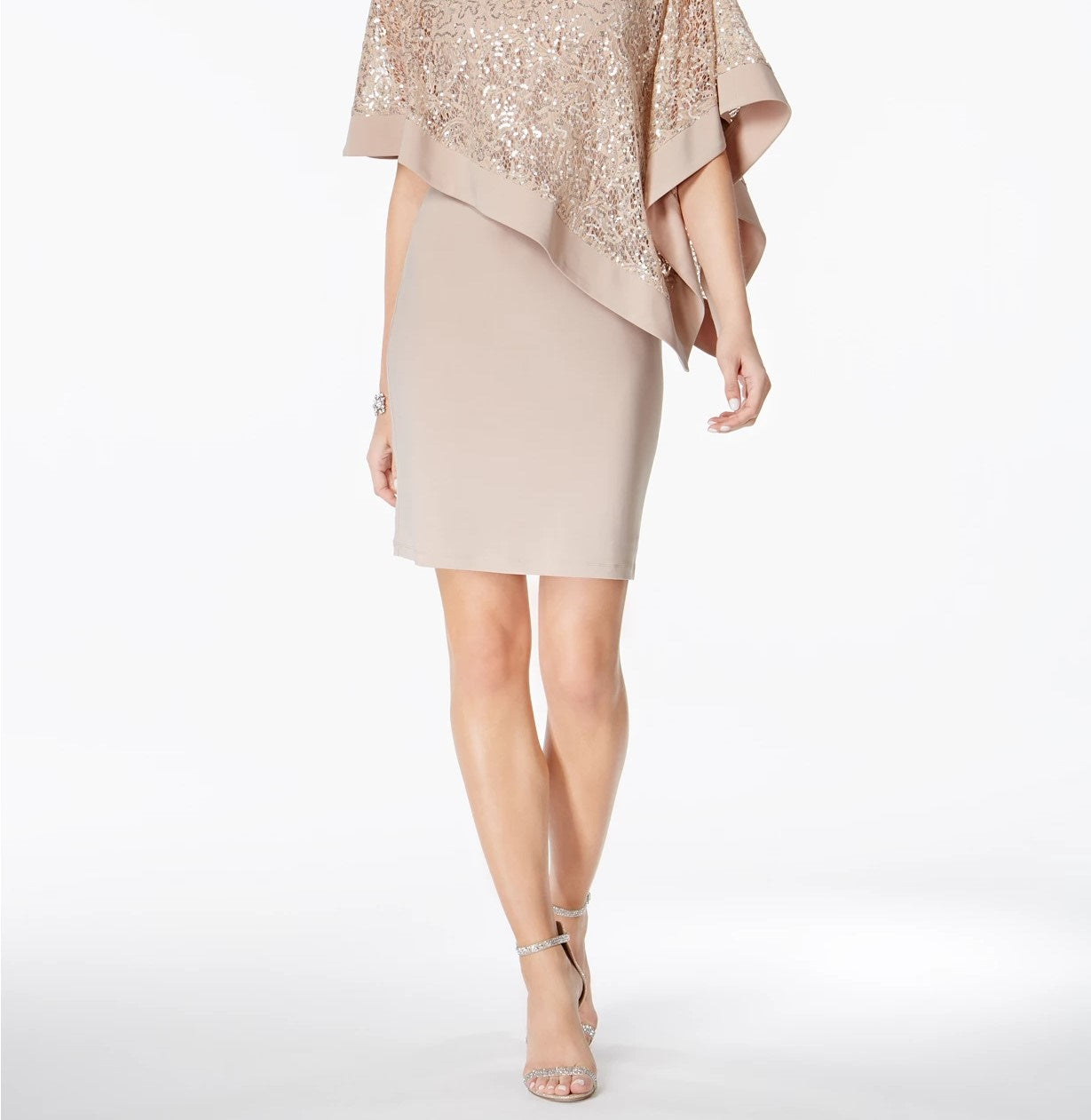 R & M Richards Women's Petite Sequined Cape Sheath Dress Taupe Size 6 P