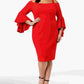 R & M Richards Women's Off The Shoulder Flared Sleeve Dress Red Size 16W
