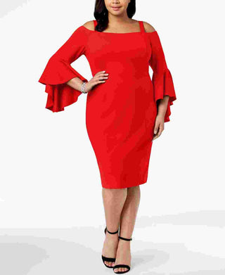 R & M Richards Women's Off The Shoulder Flared Sleeve Dress Red Size 16W