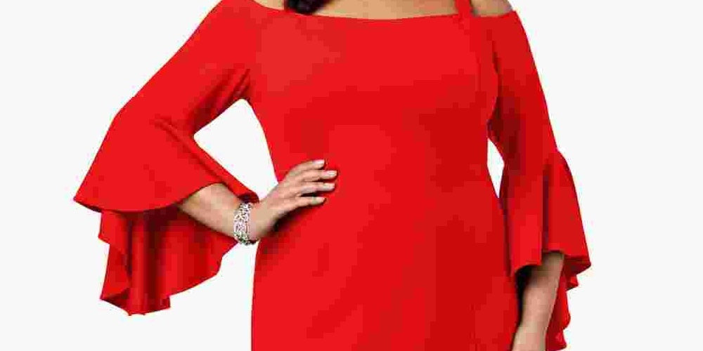 R & M Richards Women's Off The Shoulder Flared Sleeve Dress Red Size 16W