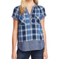 Vince Camuto Women's Cotton Mixed-Print Henley Top Navy Size Small