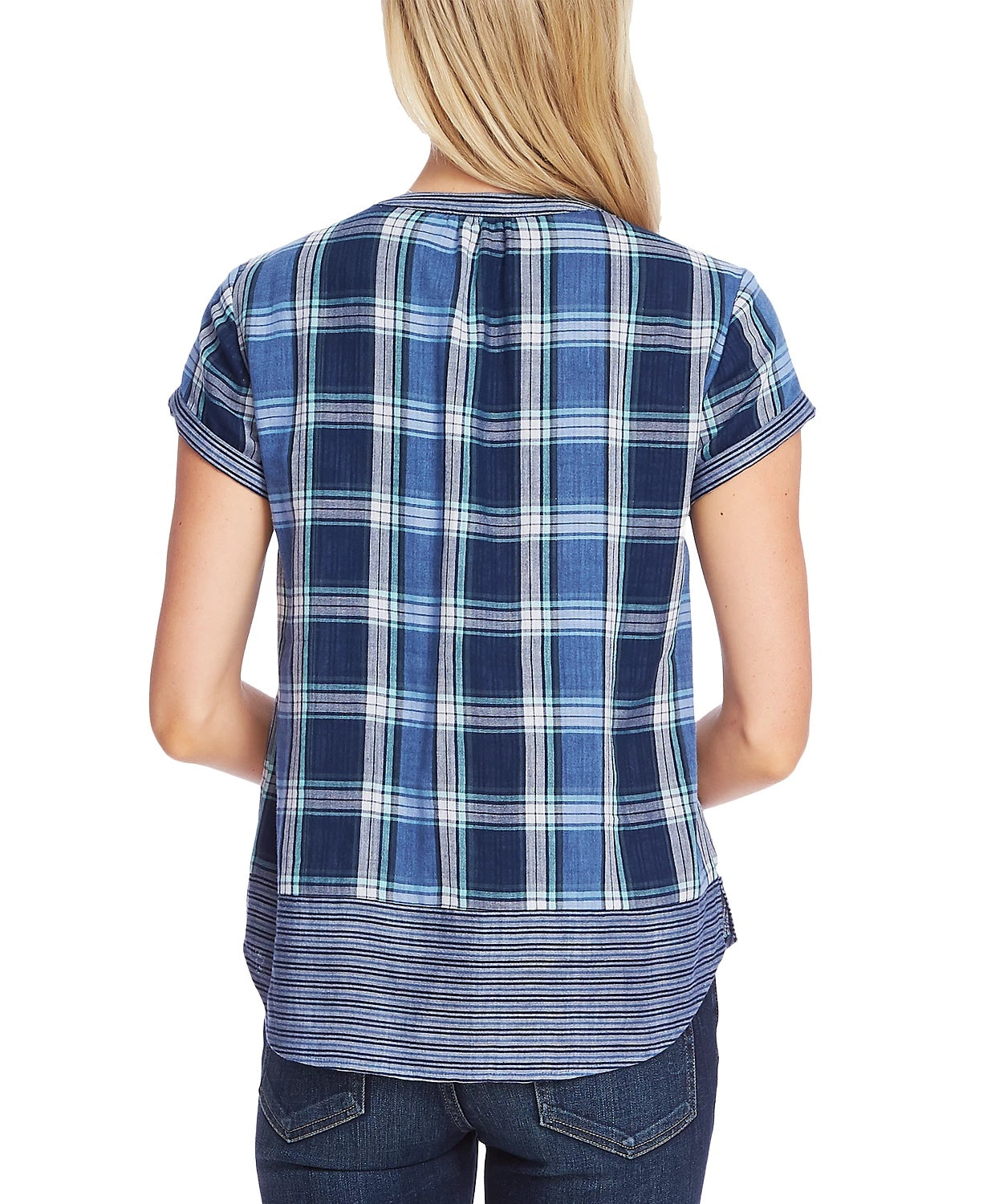 Vince Camuto Women's Cotton Mixed-Print Henley Top Navy Size Small