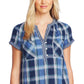 Vince Camuto Women's Cotton Mixed-Print Henley Top Navy Size Small