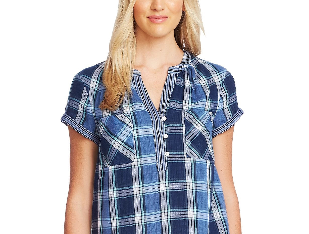 Vince Camuto Women's Cotton Mixed-Print Henley Top Navy Size Small