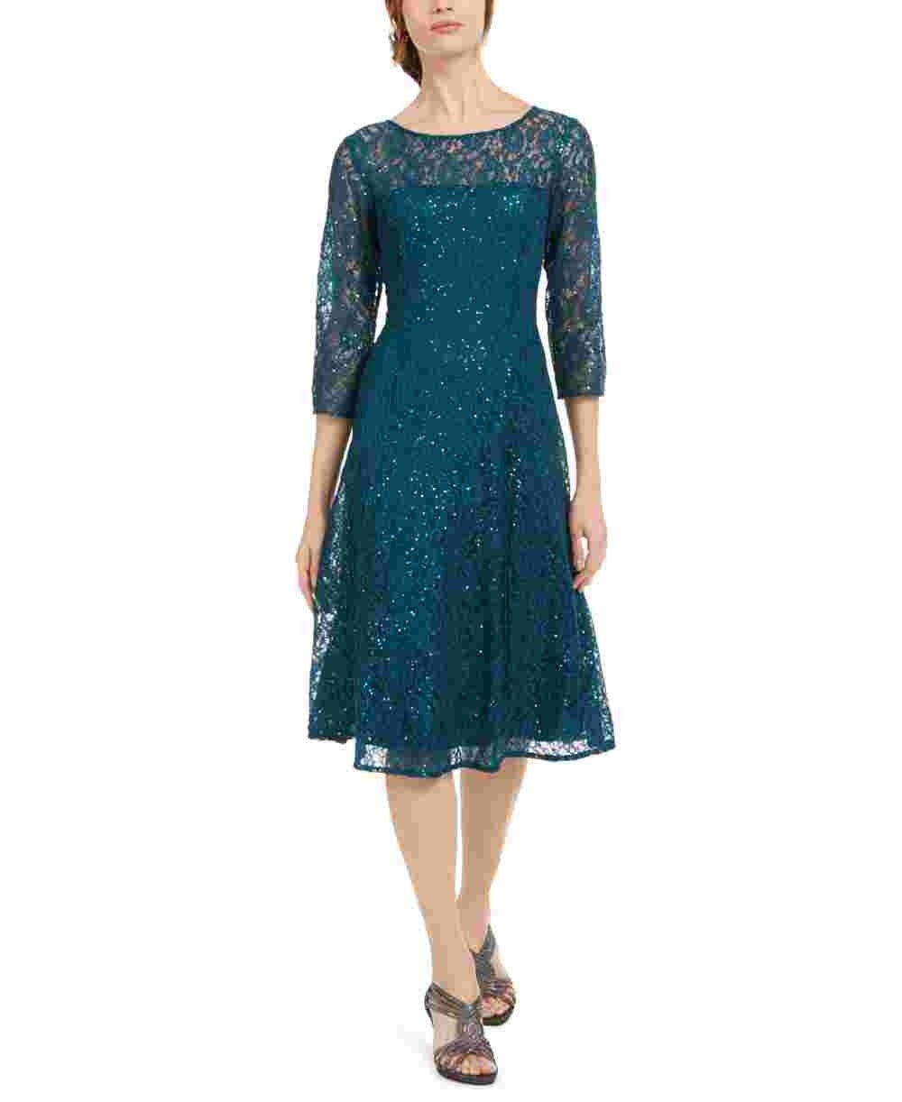 SL Fashions Women's 3/4 Sleeve Sequin Lace Dress Green Size 16