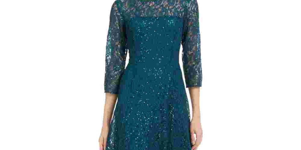 SL Fashions Women's 3/4 Sleeve Sequin Lace Dress Green Size 16
