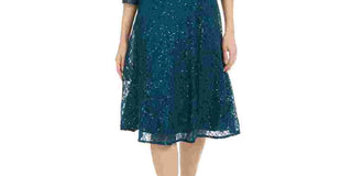 SL Fashions Women's 3/4 Sleeve Sequin Lace Dress Green Size 16