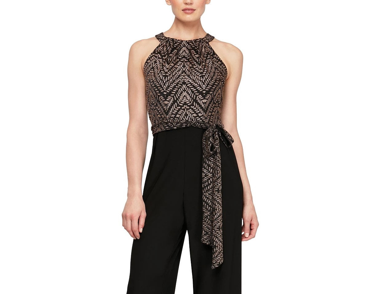 SL Fashions Women's Belted Metallic Jumpsuit Black Size 8