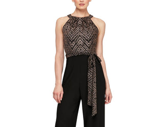 SL Fashions Women's Belted Metallic Jumpsuit Black Size 8