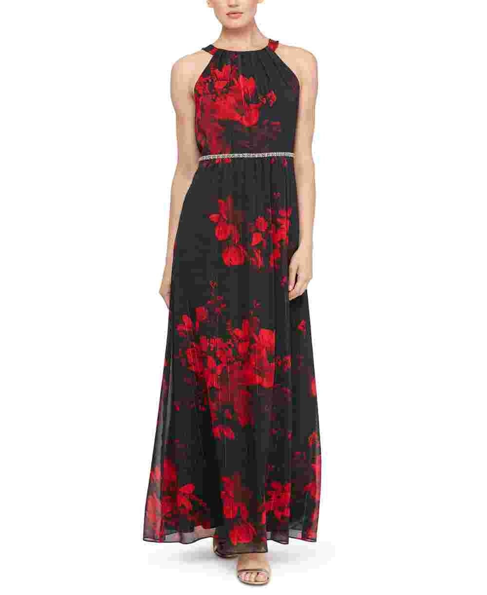 SL Fashions Women's Embellished Floral-Print Gown Red Size 14