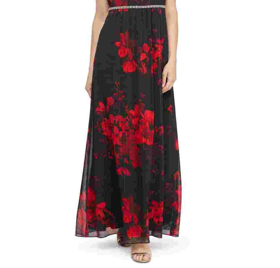 SL Fashions Women's Embellished Floral-Print Gown Red Size 14