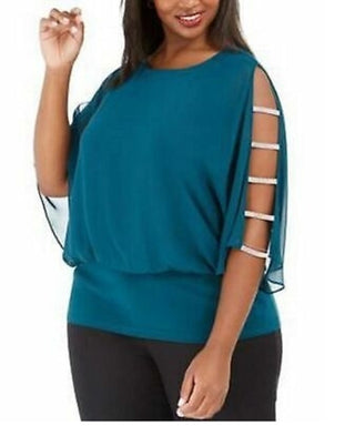 MSK Women's Rhinestone Trim Blouson Top Green Size 1X