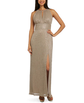 R & M Richards Women's Metallic Knit Keyhole Halter Gown Gold Size 14