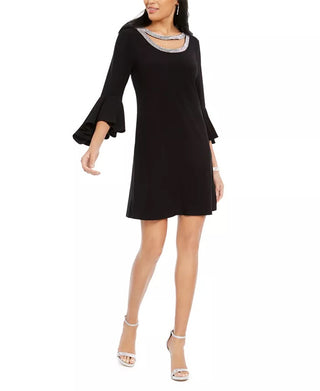 MSK Women's Rhinestone Trim Bell Sleeve Dress Black Size Small